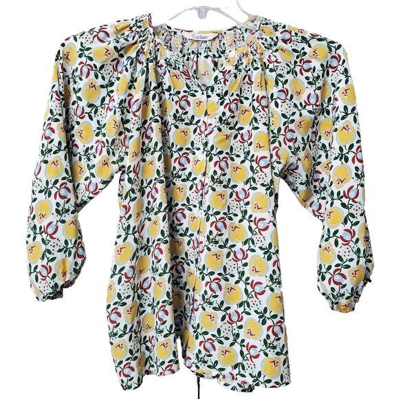 Tucker Floral Silk Button-Up Blouse Size XS Smocked Neck Elastic Cuffs - Picture 1 of 7